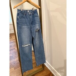 OH Polly Jean Denim Wide Leg Ripped Chain Lace Up Back High Rise Y2K Goth Skater